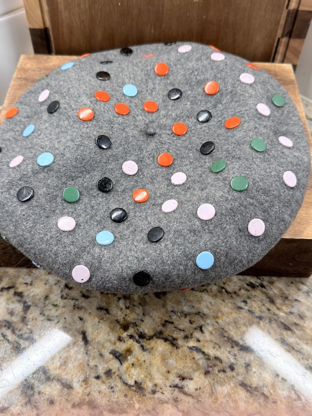 Vintage Norma Kamali for Stetson Wool Beret Gray Multicolor Studded Designer Hat